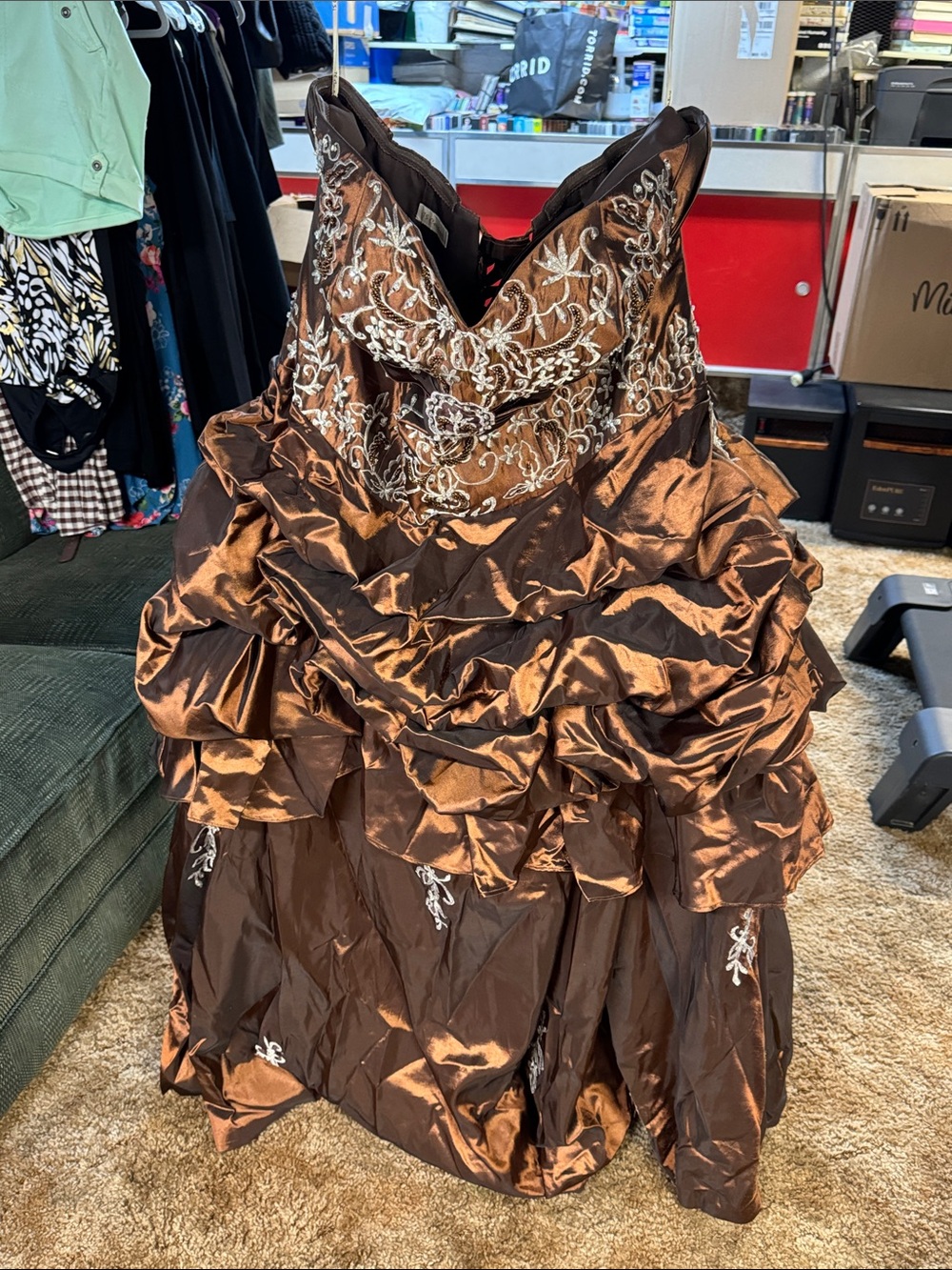 Strapless Brown Embroidered Prom Dress